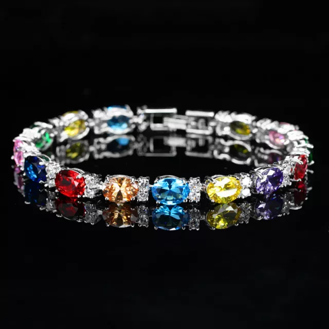 Charms Rainbow Multicolor CZ Crystal Oval Tennis Chain Bracelet for Brides Dress