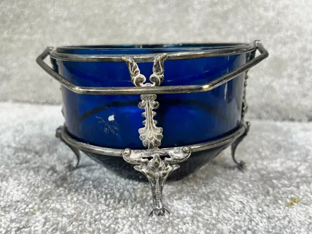 Antique / Vintage Silver Plate  Sugar Bowl Edwardian Blue Glass Tri Footed