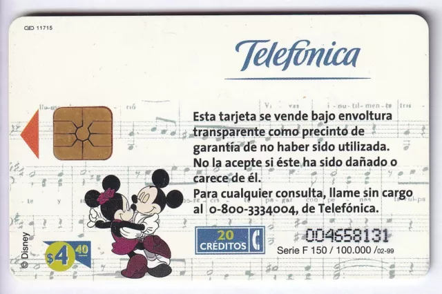 Disney  Telecarte / Phonecard .. Argentine 20U Mickey Minnie Tango Chip/Puce 2