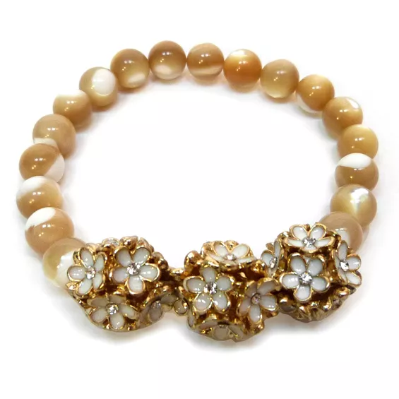 BRACELET femme perles pierres BEIGE FLEURS émail BLANCHE doré cristal