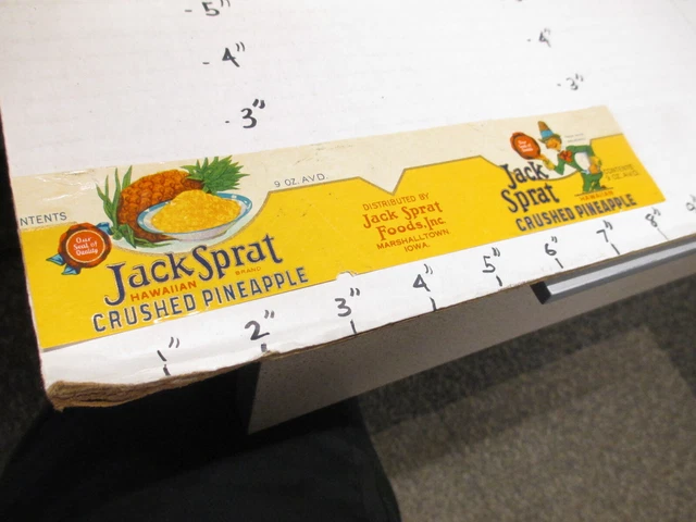 JACK SPRAT crushed pineapple fruit 1930s metal tin can food paper label