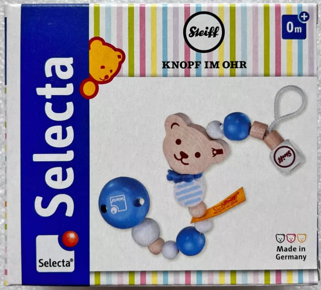 Steiff Bär Selecta Knopf Ohr Schnullerkette blau Babyspiel Holzspielzeug 64303