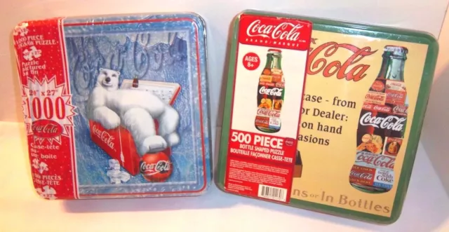 Coca Cola NEW 2 Coke Puzzles Tins Bottle Shape 500 pc & Polar Bear 1000 pc