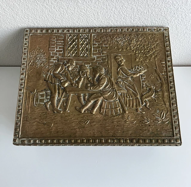 Old Brass Kindling Coal Box Repoussé Embossed Folk Scene Hinged Angled Patina