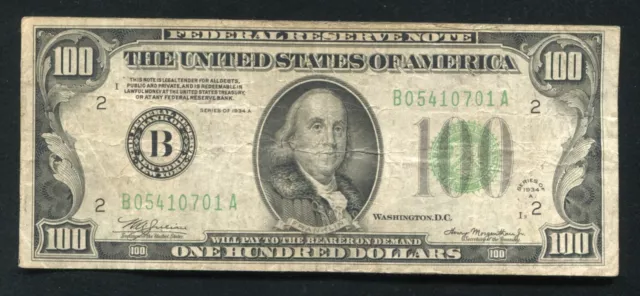 1934-A $100 One Hundred Dollars Frn Federal Reserve Note New York, Ny Vf