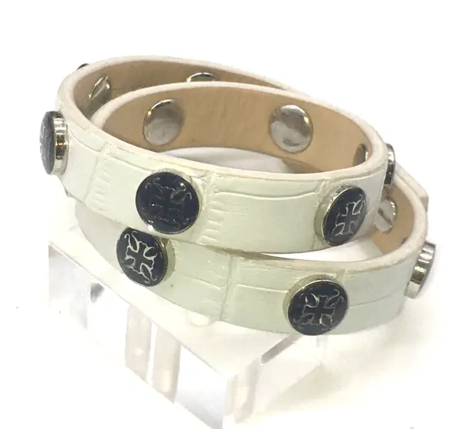 Rustic Cuff Meagen Silver Tone Button Logo White Leather Croc Bracelet 15.5"