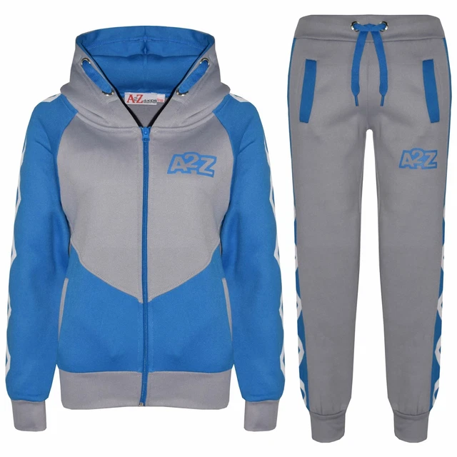 Kids Boys Girls Tracksuit Grey Contrast Panel Hooded Top Bottom Joggingsuit 5-13