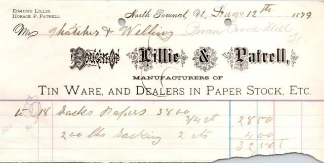 Lillie & Patrell North Pownal VT 1879 Billhead Tin Ware Dealers in Paper Stock