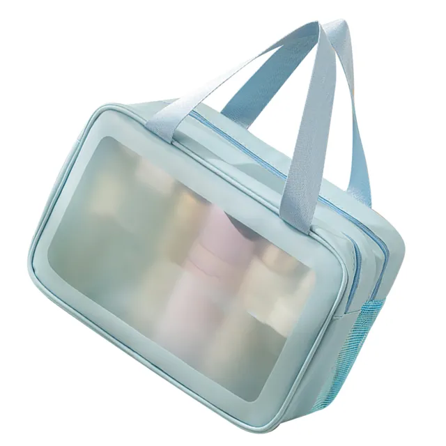(Blue)Travel Makeup Bag Portable PVC Double Layer Waterproof Wet Dry Separation