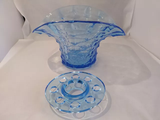 VINTAGE ART DECO 1930s BAGLEY LARGE BLUE GLASS WHEAT SHEAFE POSY VASE WITH FROG