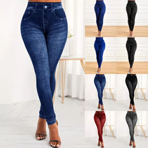 2Pack Ladies Womens Stretchy Denim Look Leggings High Waist Skinny Jeggings UK