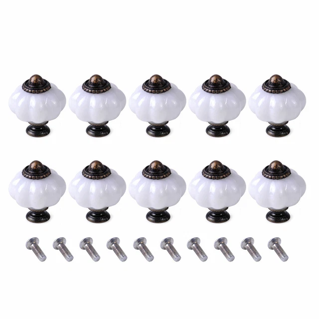 10x Retro White Pumpkin Knobs Cabinet Drawer Door Cupboard Pull Handle + Screws