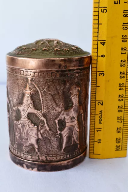 Antique Burmese Betel Box Canister Cylindrical Copper Embossed Figurine Elepha"F 11