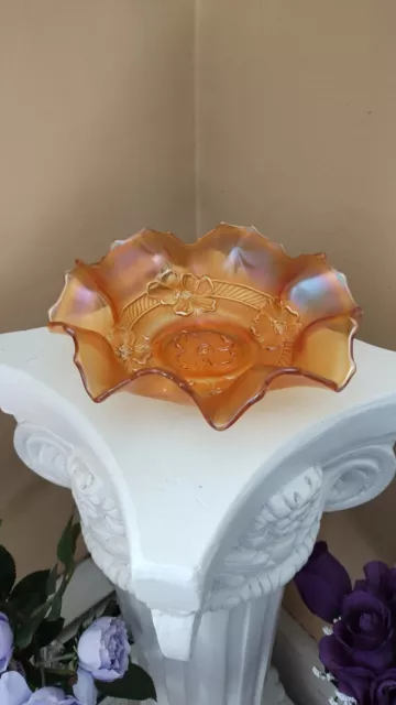Antique Dugan Diamond Glass Marigold Carnival Apple Blossom  Ruffled Bowl
