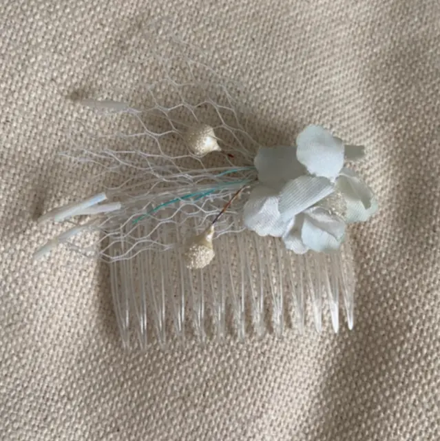 vera spilla pettine per capelli laterale in plastica trasparente vintage anni '80 90 + fiore e piuma blu