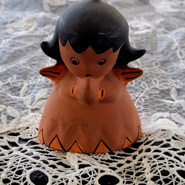 Japanese Girl Angel Red Clay Pottery Handmade Hand Painted Bell Figurine