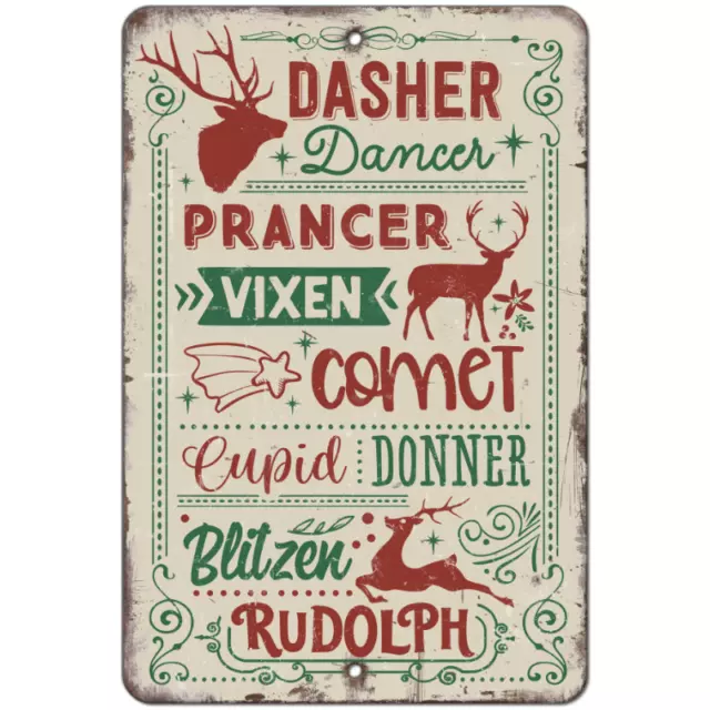 Vintage Christmas Reindeer Sign Aluminum Metal Sign - Retro Santa Reindeer Names