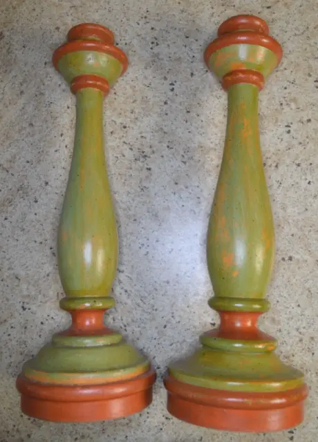 2 Wooden Turned 13.5" Candlesticks Holders Painted Colorful Green Orange Décor