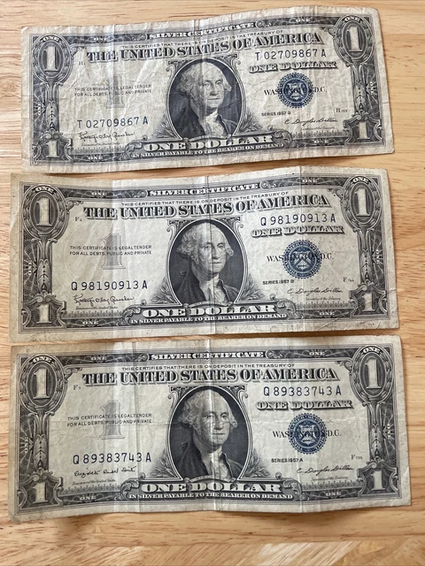 US One Dollar Silver Certificate - 2 Series 1957B 1 Series-A Blue Series