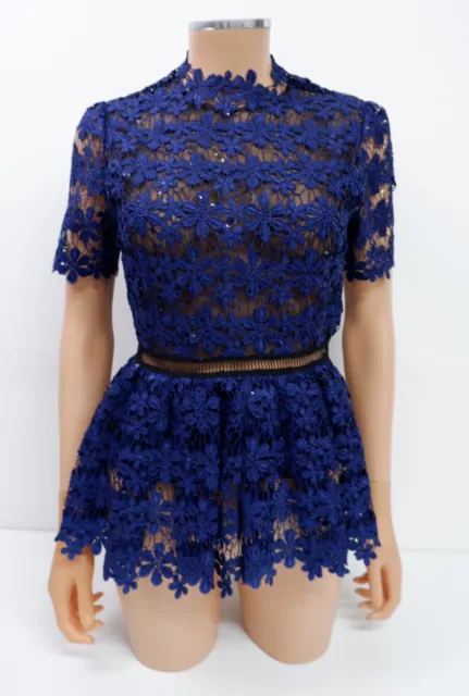 self portrait blue & black top size uk 8 short sleeve lace