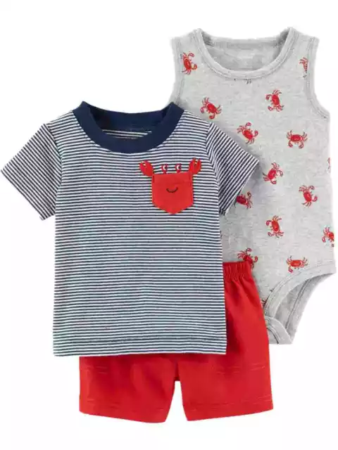 Carters Infant Boys 3pc Crab Baby Outfit Bodysuit Shirt & Red Shorts Set