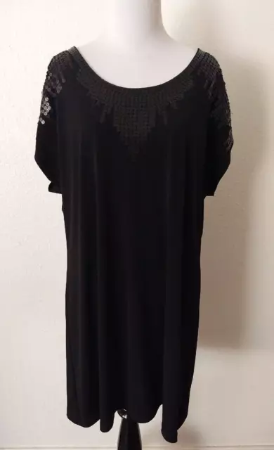 Elle Black Sequin Sheath Dress Above Knee Short Sleeve Stretch Zip Close Large