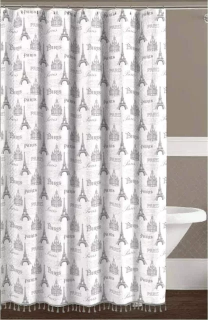 Fabric Shower Curtain Antique Paris Typography Grey White Eiffel Tower NWOP