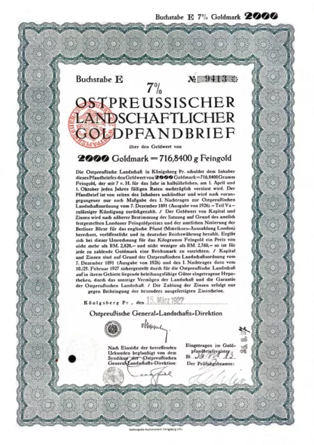 Ostpreussischer Landschaftlicher 7% Goldpfandbrief, Königsberg, 1927 (2.000 GM)