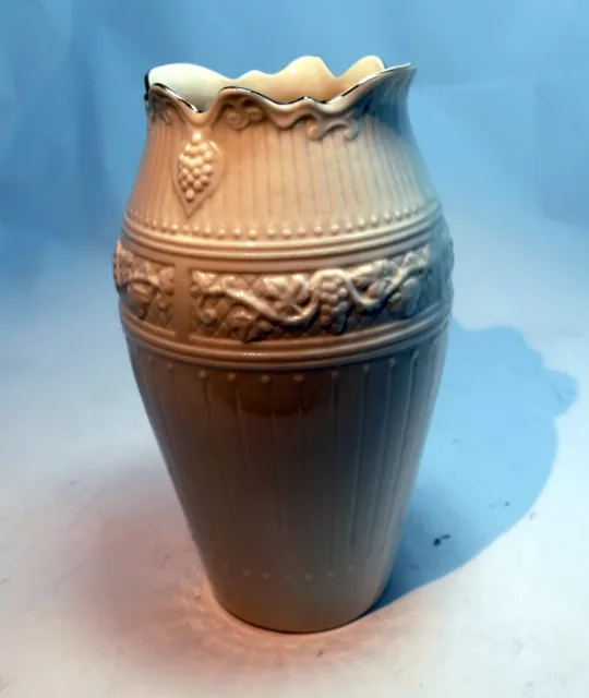 Belleek Ireland Bacchus Vase Grape Vine Blue Mark 6.75” Tall Gold Edge Trim