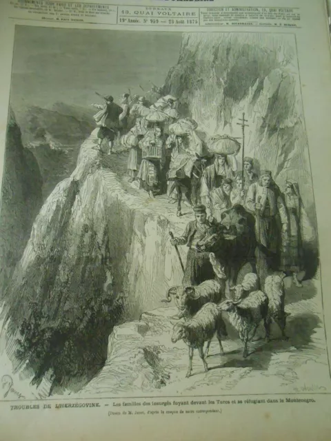 Gravure 1875 - Herzégovine Les familles des insurgés fuyant les Turcs