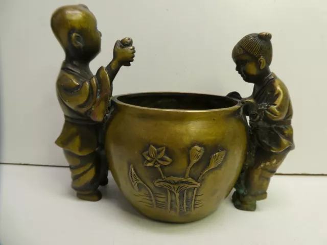 Chinese Brass Embossed Floral Pot Vase Jardineer Stamped Children Statue Fish