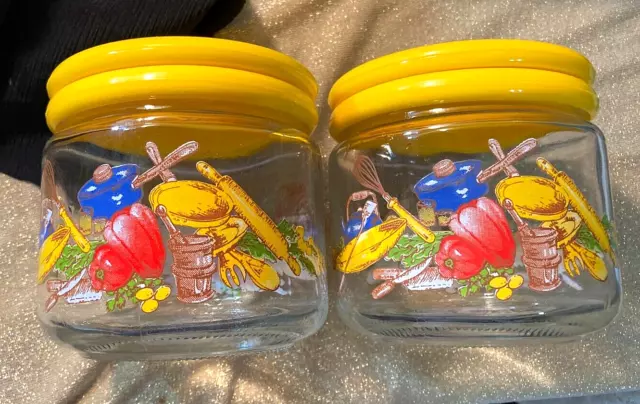 Vintage KIG  '70's Small Lidded Canister Vegetable & Kitchen Yellow Set of 2-EUC