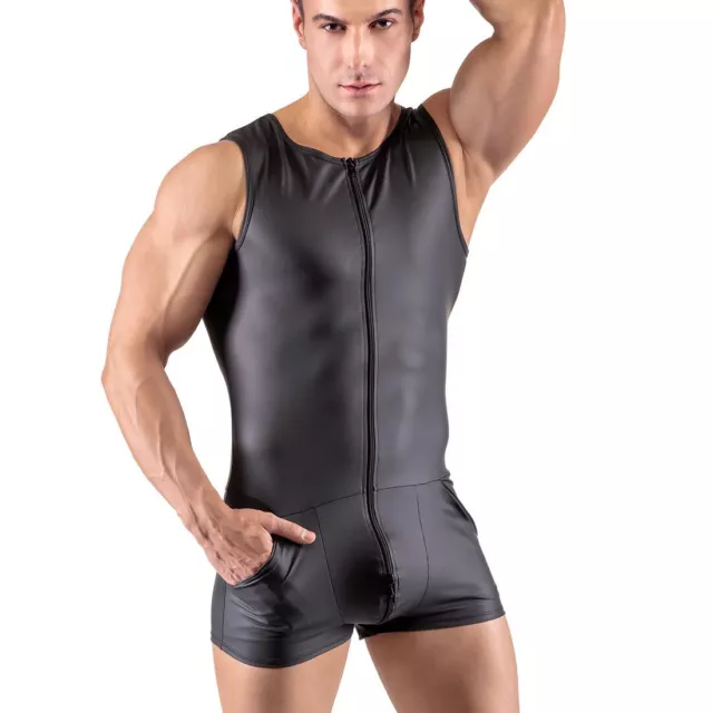 Tuta uomo corta M-2XL nera opaca wetlook + 3 vie zip body jumpsuit ""Cox