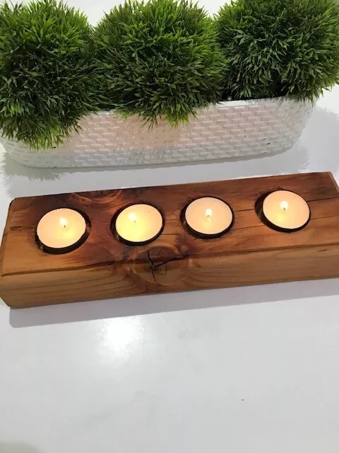 Rustic Chunky Wooden 4 Tea Light Holder Lovely Gift Handmade Recycled 🪵 RedWood