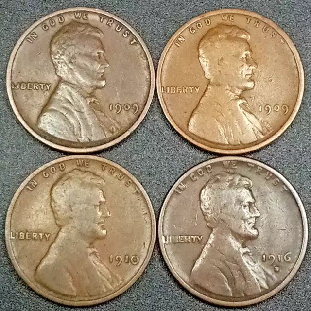 1909-P 1909-VDB 1910-P 1916-D Lincoln Cent Set- Actual Coins Shown