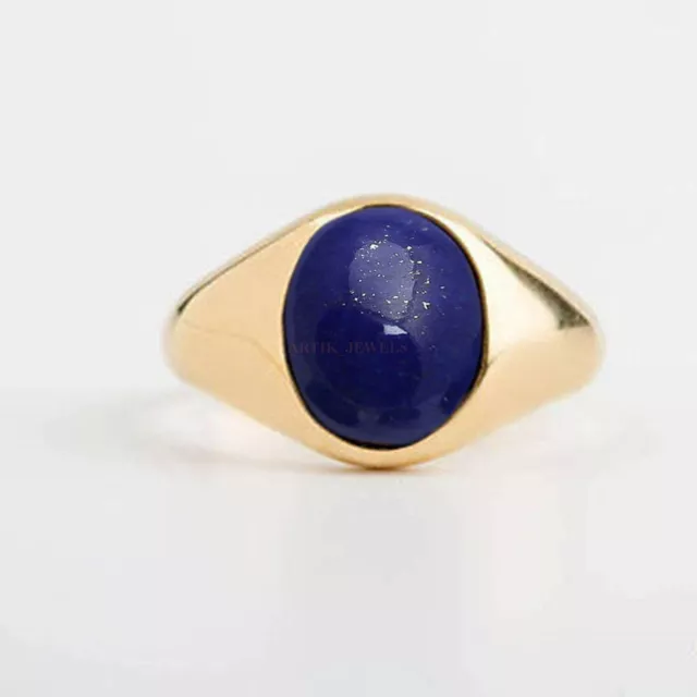 Natural Lapis Lazuli Gemstone with 14K Gold Plated Silver Ring For Men's #1016