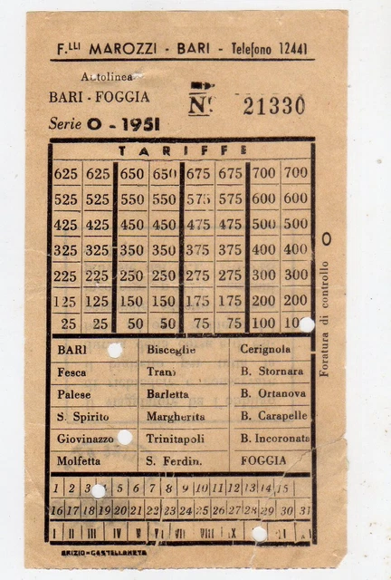 Marozzi Autobus-Bari -Due Biglietti Autobus Bari Foogia-1951