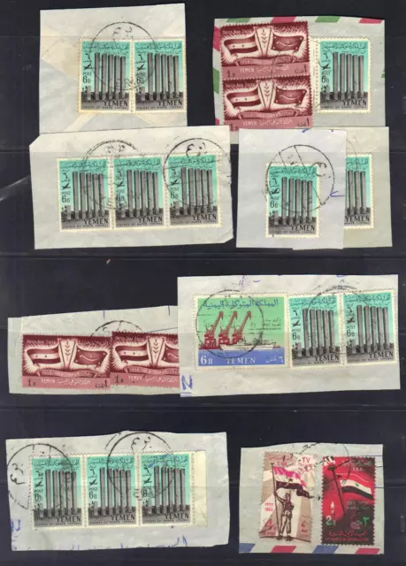 YEMEN KINGDOM & REPUBLIC 1940's 60's COLLECTION OF 69 STAMPS ON PIECES WITH DIFF 2