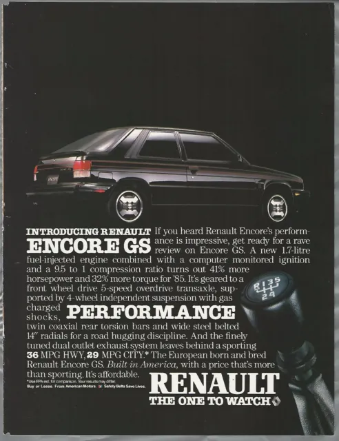 1985 RENAULT ENCORE GS advertisement, AMC, Renault hatchback sports car