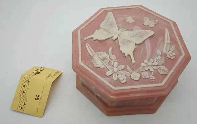 Incolay Stone Musical Jewelry Box Pink w/White Butterflies Plays BORN FREE w/Tag