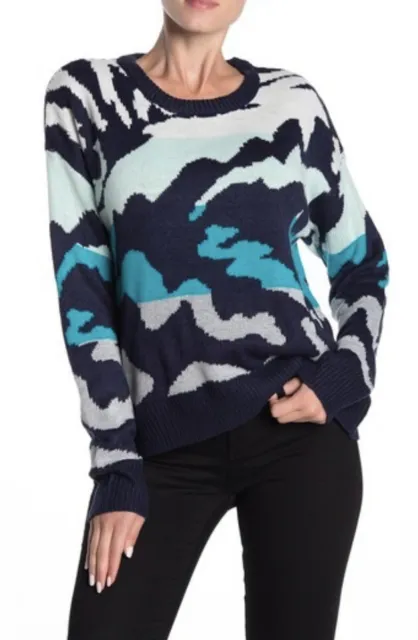 John & Jenn Abstract Crew Neck Pullover Sweater XS Deep Ocean