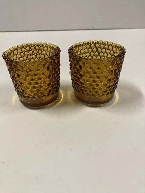 2 Vintage Amber Glass Hobnail Tea Light Votive Cup Candle Toothpick Holder 2.5"