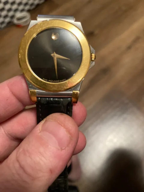 MINT Movado Museum Wristwatch Mens Black Dial Gold Bezel BLACK Leather Strap