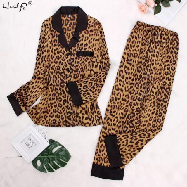 Ladies Pyjamas Silk Leopard Women's Sleepwear Long Pajamas PJS Nightwear Set New