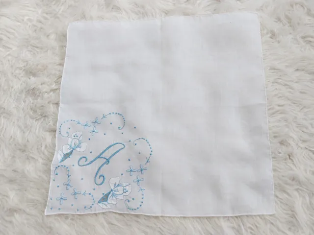 Vintage Monogram Handkerchief “A” Blue Lettering 14”