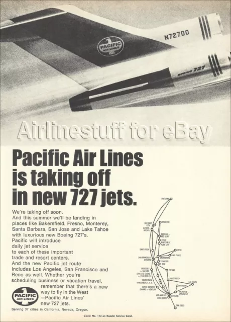 1966 PACIFIC Air Lines BOEING 727 PRINT AD airways advert BONANZA WEST COAST v1
