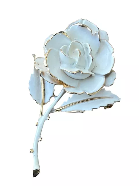 Gold Etched White Rose Flower Pin Brooch with Leaves Stem Thorns