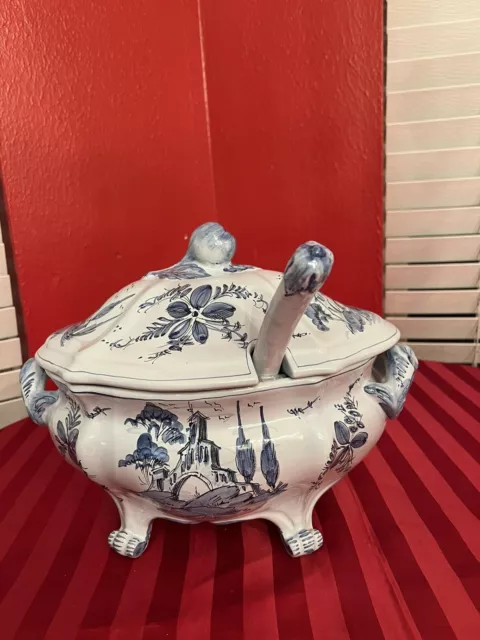 Vintage Made In Italy,Large Blue/White Soup/Stew Tureen& Ladle 3Pc Stunning