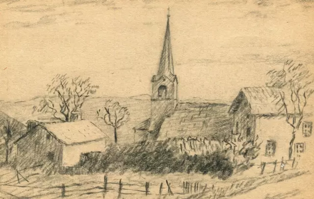 Matita antica disegno originale paesaggio del villaggio 1952