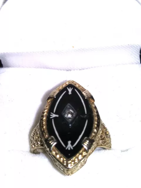 Vintage 14K White Gold Filigree Black Onyx & Diamond Ring Sz 5 1/2